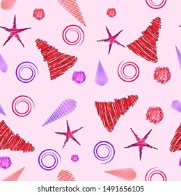 seamless pattern new year red christmas trees and balls purple stars and icicles scribble purple spirals on pink background
