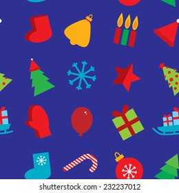 seamless pattern new year snowflakes, socks, mittens, Christmas tree, gifts, sleigh, star, candle on dark blue background. vector