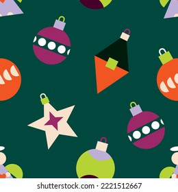 Seamless pattern with new year stars, balls, decorations  in cut out style isolated on green. Background with Christmas abstract symbols for wrapping paper, fabric, wallpaper. Vector illustration