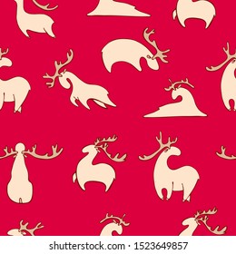 seamless pattern for the new year. Stylized cartoon deer. Vector hand drawn stock illustration. Red background. Various deer for wrapping paper or fabric. Postcard. Background.
