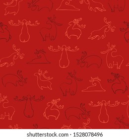 seamless pattern for the new year. Stylized cartoon deer. Vector hand drawn stock illustration. Red background. Various deer for wrapping paper or fabric. Postcard. Background.
