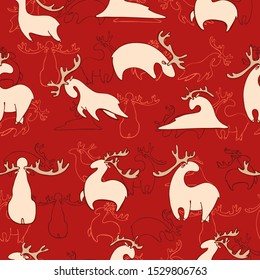 seamless pattern for the new year. Stylized cartoon deer. Vector hand drawn stock illustration. Red background. Various deer for wrapping paper or fabric. Postcard. Background.