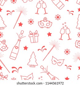 Seamless pattern with new year symbols. Gifts, fireworks, bottle and glasses with champagne, christmas tree, mask, stars, snowflakes.