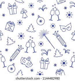 Seamless pattern with new year symbols. Gifts, firecrackers, fireworks, bead, glasses with champagne, bell, christmas tree, mask, calendar, stars, snowflakes.