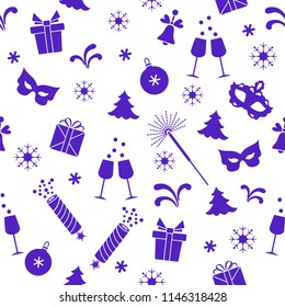 Seamless pattern with new year symbols. Gifts, firecrackers, fireworks, bead, glasses with champagne, bell, christmas tree, mask, calendar, stars, snowflakes.
