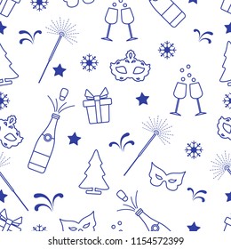 Seamless pattern with new year symbols. Gifts, fireworks, bottle and glasses with champagne, christmas tree, mask, stars, snowflakes.