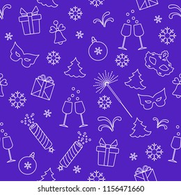 Seamless pattern with new year symbols. Gifts, firecrackers, fireworks, bead, glasses with champagne, bell, christmas tree, mask, calendar, stars, snowflakes.