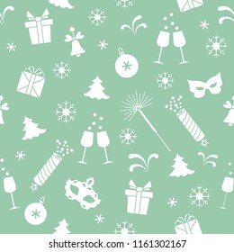 Seamless pattern with new year symbols. Gifts, firecrackers, fireworks, bead, glasses with champagne, bell, christmas tree, mask, calendar, stars, snowflakes.