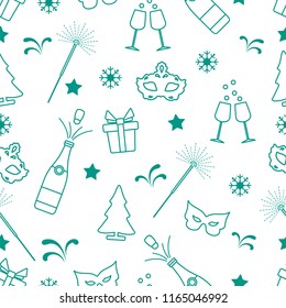 Seamless pattern with new year symbols. Gifts, fireworks, bottle and glasses with champagne, christmas tree, mask, stars, snowflakes.