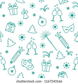 Seamless pattern with new year symbols. Gifts, firecrackers, fireworks, bead, glasses with champagne, bell, christmas tree, mask, calendar, stars, snowflakes.