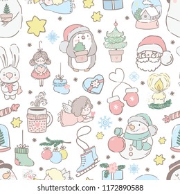 Seamless pattern with new year symbols: santa, tree, angel, snowman, ball