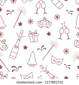 Seamless pattern with new year symbols. Gifts, fireworks, bottle and glasses with champagne, christmas tree, mask, stars, snowflakes.