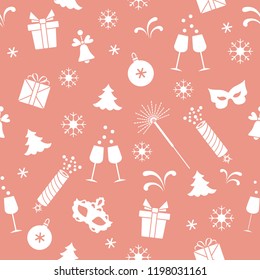 Seamless pattern with new year symbols. Gifts, firecrackers, fireworks, bead, glasses with champagne, bell, christmas tree, mask, calendar, stars, snowflakes.