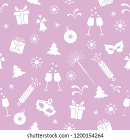 Seamless pattern with new year symbols. Gifts, firecrackers, fireworks, bead, glasses with champagne, bell, christmas tree, mask, calendar, stars, snowflakes.