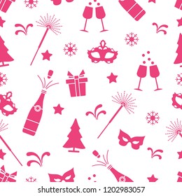 Seamless pattern with new year symbols. Gifts, fireworks, bottle and glasses with champagne, christmas tree, mask, stars, snowflakes.
