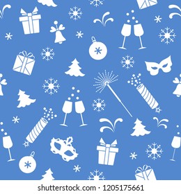 Seamless pattern with new year symbols. Gifts, firecrackers, fireworks, bead, glasses with champagne, bell, christmas tree, mask, calendar, stars, snowflakes.