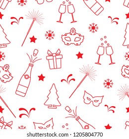 Seamless pattern with new year symbols. Gifts, fireworks, bottle and glasses with champagne, christmas tree, mask, stars, snowflakes.