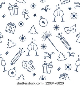 Seamless pattern with new year symbols. Gifts, firecrackers, fireworks, bead, glasses with champagne, bell, christmas tree, mask, calendar, stars, snowflakes.