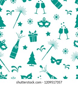 Seamless pattern with new year symbols. Gifts, fireworks, bottle and glasses with champagne, christmas tree, mask, stars, snowflakes.