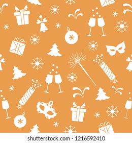 Seamless pattern with new year symbols. Gifts, firecrackers, fireworks, bead, glasses with champagne, bell, christmas tree, mask, calendar, stars, snowflakes.