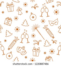 Seamless pattern with new year symbols. Gifts, firecrackers, fireworks, bead, glasses with champagne, bell, christmas tree, mask, calendar, stars, snowflakes.