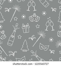 Seamless pattern with new year symbols. Gifts, fireworks, bottle and glasses with champagne, christmas tree, mask, stars, snowflakes.