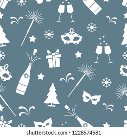 Seamless pattern with new year symbols. Gifts, fireworks, bottle and glasses with champagne, christmas tree, mask, stars, snowflakes.