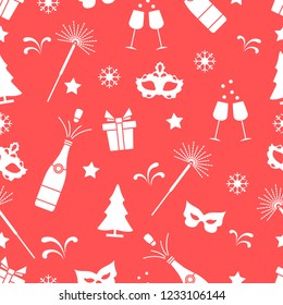 Seamless pattern with new year symbols. Gifts, fireworks, bottle and glasses with champagne, christmas tree, mask, stars, snowflakes.