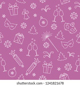 Seamless pattern with new year symbols. Gifts, firecrackers, fireworks, bead, glasses with champagne, bell, christmas tree, mask, calendar, stars, snowflakes.