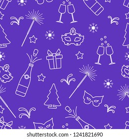 Seamless pattern with new year symbols. Gifts, fireworks, bottle and glasses with champagne, christmas tree, mask, stars, snowflakes.