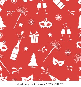 Seamless pattern with new year symbols. Gifts, fireworks, bottle and glasses with champagne, christmas tree, mask, stars, snowflakes.