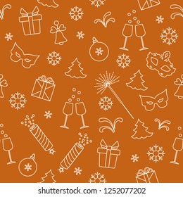 Seamless pattern with new year symbols. Gifts, firecrackers, fireworks, bead, glasses with champagne, bell, christmas tree, mask, calendar, stars, snowflakes.
