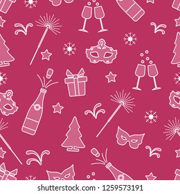 Seamless pattern with new year symbols. Gifts, fireworks, bottle and glasses with champagne, christmas tree, mask, stars, snowflakes.