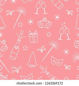 Seamless pattern with new year symbols. Gifts, fireworks, bottle and glasses with champagne, christmas tree, mask, stars, snowflakes.