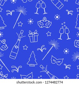 Seamless pattern with new year symbols. Gifts, fireworks, bottle and glasses with champagne, christmas tree, mask, stars, snowflakes.