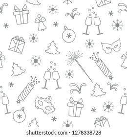 Seamless pattern with new year symbols. Gifts, firecrackers, fireworks, bead, glasses with champagne, bell, christmas tree, mask, calendar, stars, snowflakes.