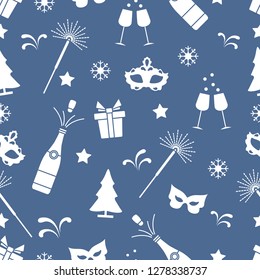 Seamless pattern with new year symbols. Gifts, fireworks, bottle and glasses with champagne, christmas tree, mask, stars, snowflakes.