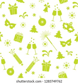 Seamless pattern with new year symbols. Gifts, firecrackers, fireworks, bead, glasses with champagne, bell, christmas tree, mask, calendar, stars, snowflakes.