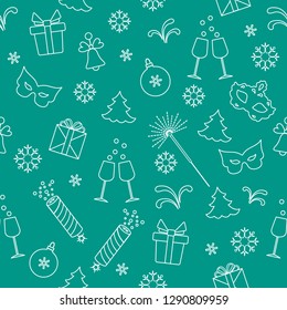 Seamless pattern with new year symbols. Gifts, firecrackers, fireworks, bead, glasses with champagne, bell, christmas tree, mask, calendar, stars, snowflakes.