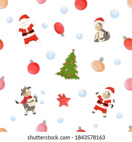 Seamless pattern with New Year symbols. Ornament with christmas tree, bulls and snowmen in Santa costume, balls.