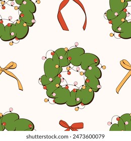 Seamless pattern of New Year wreaths made of fir and garlands. Colorful garlands on the wreath. New Year design of a wreath made of fir, bright lights, and bows. Vector pattern for the New Year