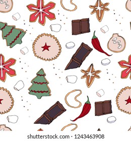Seamless pattern for new year.Christmas objects on white background.New year Endless texture.Cookies.Chocolate.