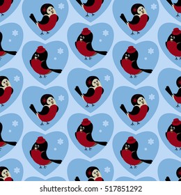 Seamless pattern. New Year's background with the image of bullfinches.