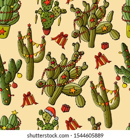 Seamless pattern with New Year's cacti. Vector illustration