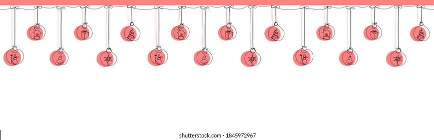 Seamless pattern New Years and Christmas decorations. Continuous Line minimalistic modern style. Horizontal narrow banner with Christmas balls. Elements for your New Year projects.