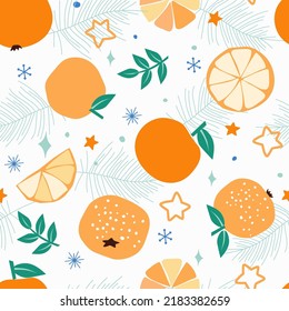 Seamless pattern with a New Year's Christmas print. Tangerine fruits on the background of fir branches, snowflakes, stars. Vector graphics.