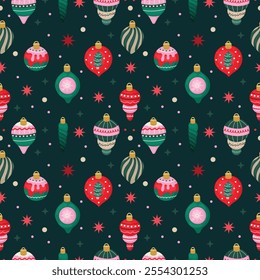 Seamless pattern with New Year's Christmas toys on a tree on a colored background