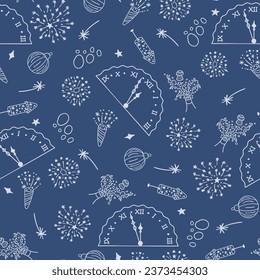 Seamless pattern with New Year's clipart, white holiday doodles on blue background. Hand drawn New Year's chimes, champagne bottleneck with foamy splashes and a flying cork, fireworks, firecracker