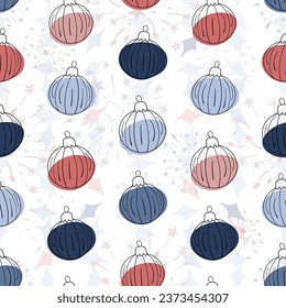 Seamless pattern with New Year's clipart doodles. Hand drawn Christmas tree balls with red, blue spots and a cute texture of star shapes and fireworks in the background