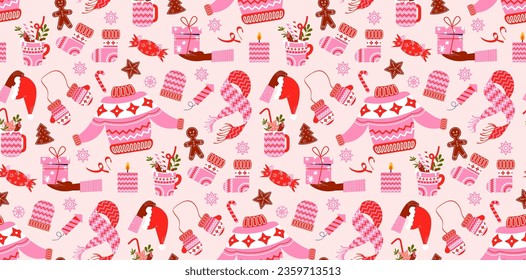 Seamless pattern of New Year's clothes. Vector background with New Year elements in flat style.